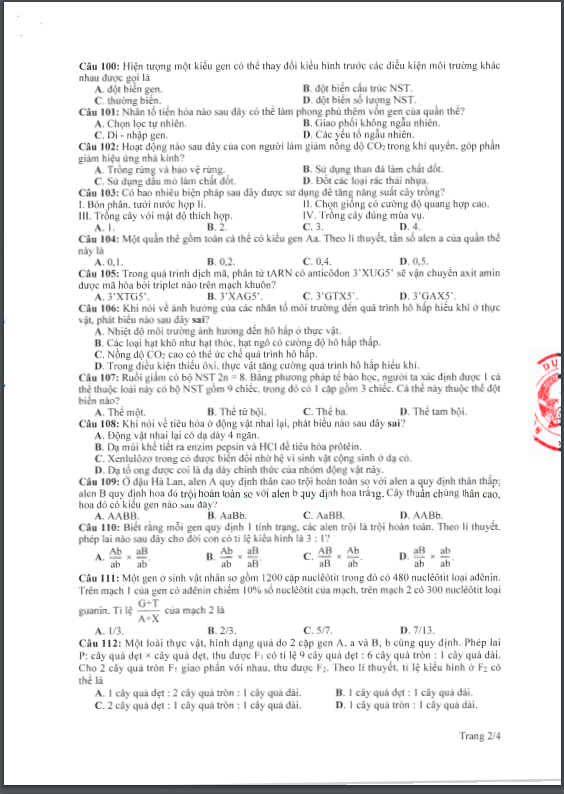 Đề thi tham khảo kỳ thi tốt nghiệp THPT năm 2020 môn Sinh học - Ảnh 2.