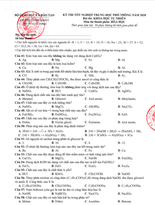 Đề thi tham khảo kỳ thi tốt nghiệp THPT Quốc gia năm 2020 môn Hóa - Ảnh 1.