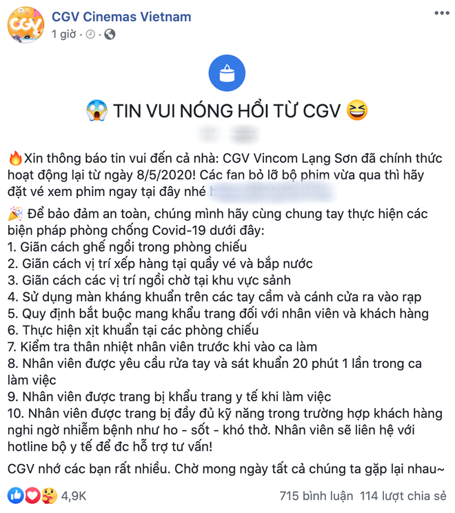 CHÍNH THỨC TOÀN QUỐC: Từ 9/5, CGV mở cửa đồng loạt tất cả cụm rạp chiếu phim tại Việt Nam - Ảnh 2.