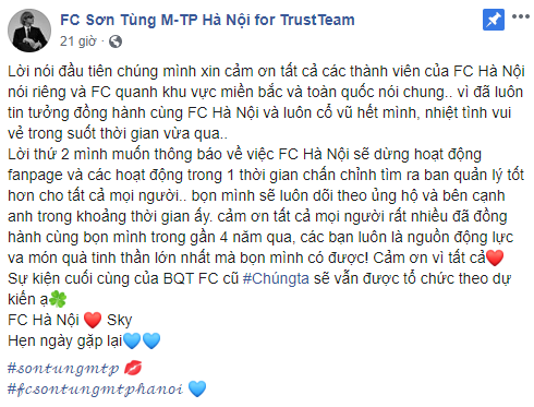Người hâm mộ của Sơn Tùng M-TP sao thế này: hết FC Đà Nẵng ngừng hoạt động giờ đến FC Hà Nội cũng rút lui, fan hoang mang tột độ! - Ảnh 1.