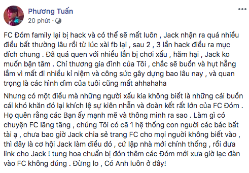 Group FC bất ngờ bị hack, Jack lên tiếng bảo vệ fan và thẳng thắn gọi kẻ xấu là bất tài, khẳng định đã quá quen với việc bị chơi xấu, hãm hại - Ảnh 1.