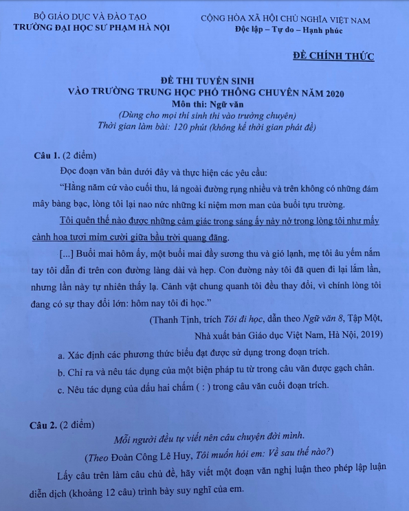 Đề thi lớp 10 môn Ngữ văn Chuyên ĐH Sư phạm Hà Nội: Tác phẩm Đoàn thuyền đánh cá và Tôi đi học - Ảnh 1.