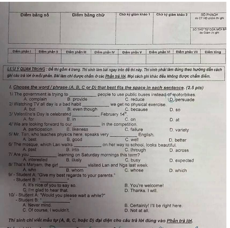 Đề thi v&agrave; đ&aacute;p &aacute;n m&ocirc;n Tiếng Anh kỳ thi tuyển sinh v&agrave;o lớp 10 TP.HCM - Ảnh 1.