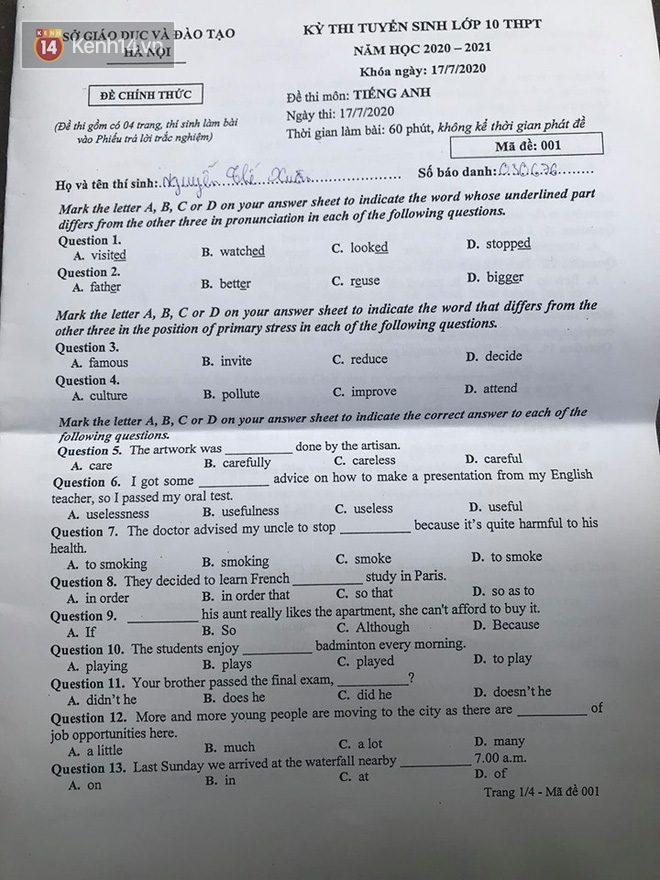 Đề thi tuyển sinh v&agrave;o lớp 10 m&ocirc;n tiếng Anh 2020 H&agrave; Nội: Th&iacute; sinh tự tin 9.5, 10 điểm - Ảnh 1.