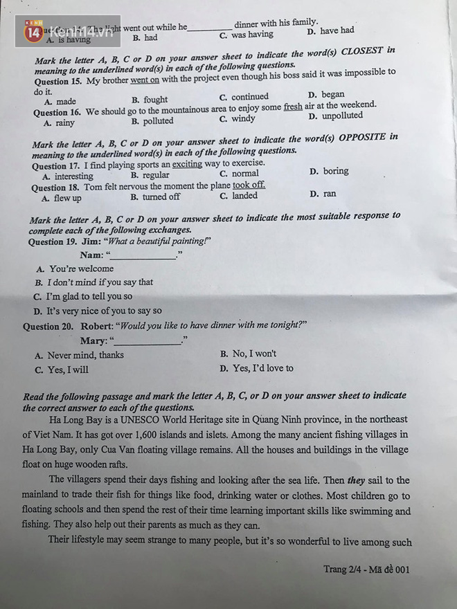 Đề thi tuyển sinh v&agrave;o lớp 10 m&ocirc;n tiếng Anh 2020 H&agrave; Nội: Th&iacute; sinh tự tin 9.5, 10 điểm - Ảnh 2.