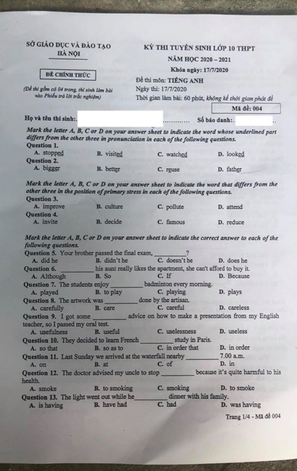 Đáp án đề thi tuyển sinh vào lớp 10 môn tiếng Anh 2020 Hà Nội - Ảnh 6.