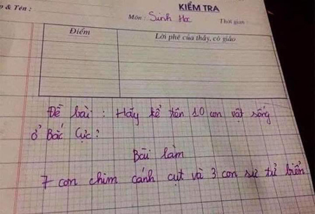 Y&ecirc;u cầu Kể 10 con vật sống ở Bắc Cực, cậu học tr&ograve; đ&aacute;p vỏn vẹn 1 d&ograve;ng khiến gi&aacute;o vi&ecirc;n vừa cười vừa tức anh &aacute;ch - Ảnh 1.