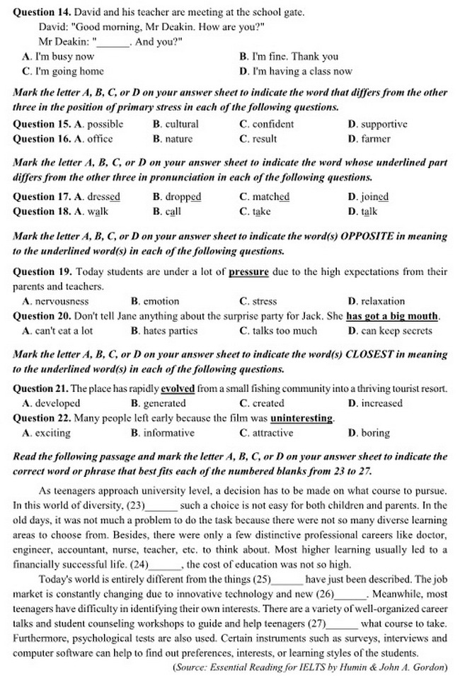 Đáp án và đề thi THPT Quốc gia môn tiếng Anh từ 2017 đến 2019 - Ảnh 2.