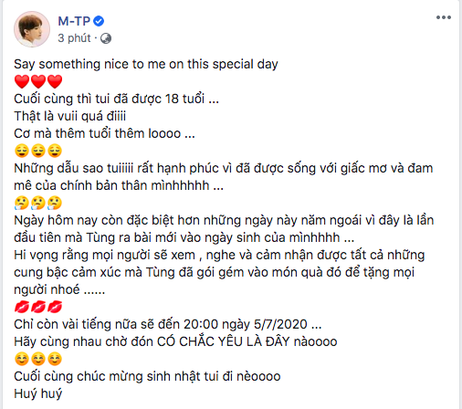 Đúng 0h: Sơn Tùng M-TP chúc mừng sinh nhật tuổi 18 của mình, nghẹn ngào với lý do đặc biệt lần đầu tiên có trong đời - Ảnh 2.