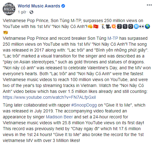 World Music Awards khẳng định Sơn Tùng M-TP là Hoàng tử nhạc Pop, Người phá kỉ lục và khen ngợi MV Nơi Này Có Anh - Ảnh 3.