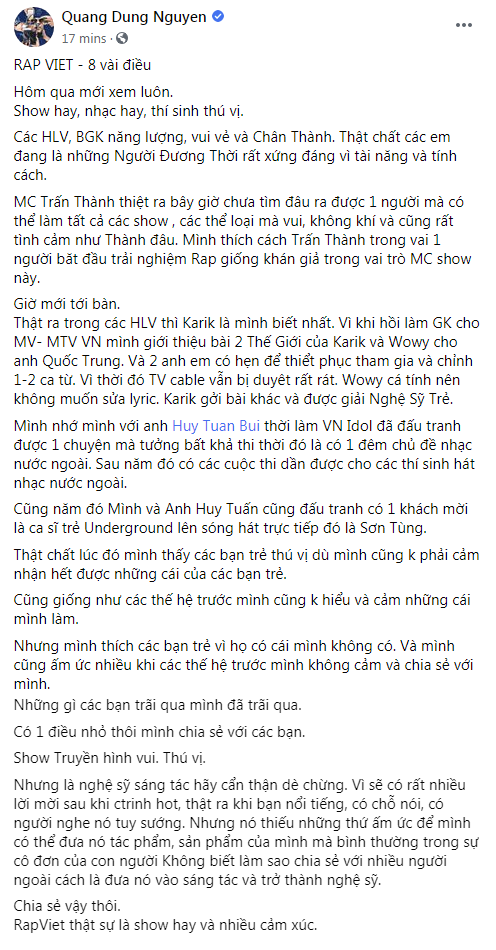 Đạo diễn Nguyễn Quang Dũng khen ngợi Rap Việt cũng không quên nhắn nhủ: Nghệ sĩ sáng tác hãy cẩn thận, dè chừng - Ảnh 3.