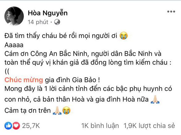 Hoà Minzy chia sẻ về vụ bé trai mất tích, dân tình đặt nghi vấn chi tiết cô ngầm khẳng định sinh con cho bạn trai thiếu gia - Ảnh 2. Hoà Minzy chia sẻ về vụ bé trai mất tích, dân tình đặt nghi vấn chi tiết cô ngầm khẳng định sinh con cho bạn trai thiếu gia - Ảnh 2.