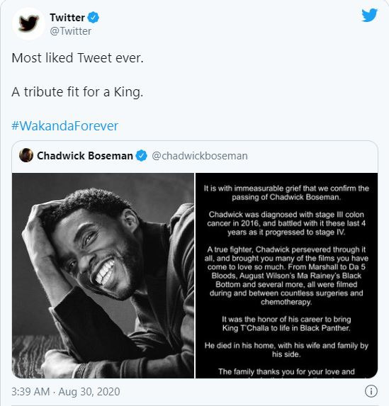 Cáo phó của Chadwick Boseman là bài tweet được Like nhiều nhất mọi thời đại trên Twitter - Ảnh 1.