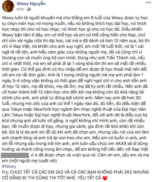 Lão đại Wowy gây tranh cãi tại Rap Việt khi khuyên thí sinh nên chọn Đại học thay vì Rap - Ảnh 7.