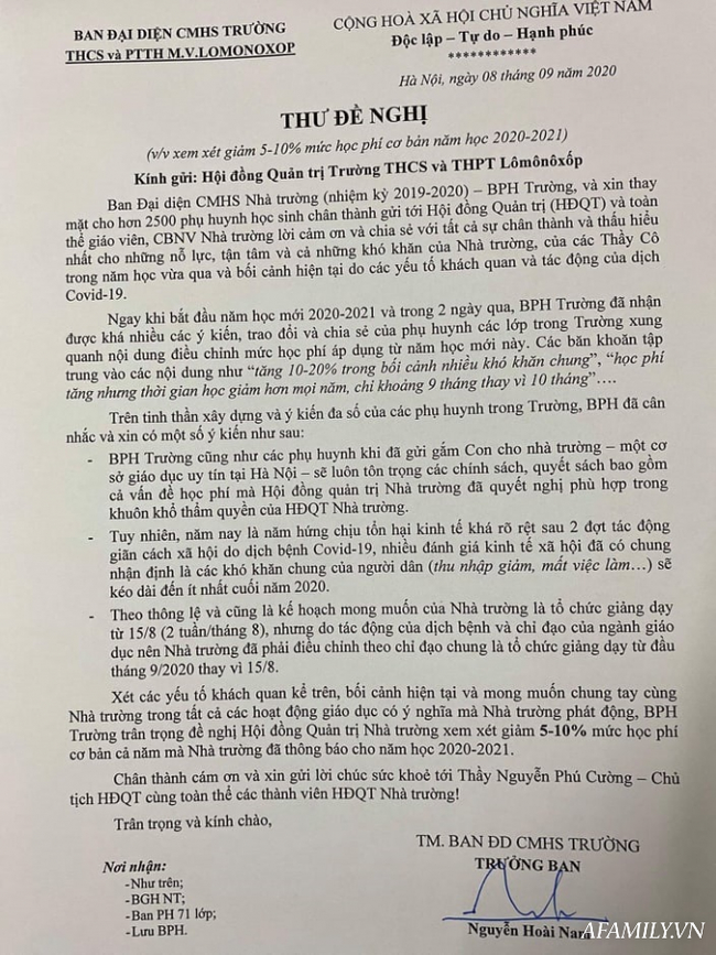 Hệ thống trường Lômônôxốp tăng học phí, một số phụ huynh gửi thư đề nghị thay đổi - Ảnh 2.