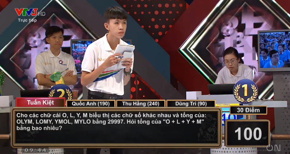 Final question Olympia beat 4 contestants, but the answer is very easy: given the sum of OLYM + LOMY + YMOL + MYLO = 29997, what is the sum of O + L + Y + M?  - Photo 1.