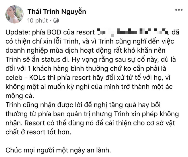 Rạng sáng Thái Trinh đăng status hé lộ cách xử lý của resort 5 sao sau lùm xùm ngộ độc - Ảnh 2.
