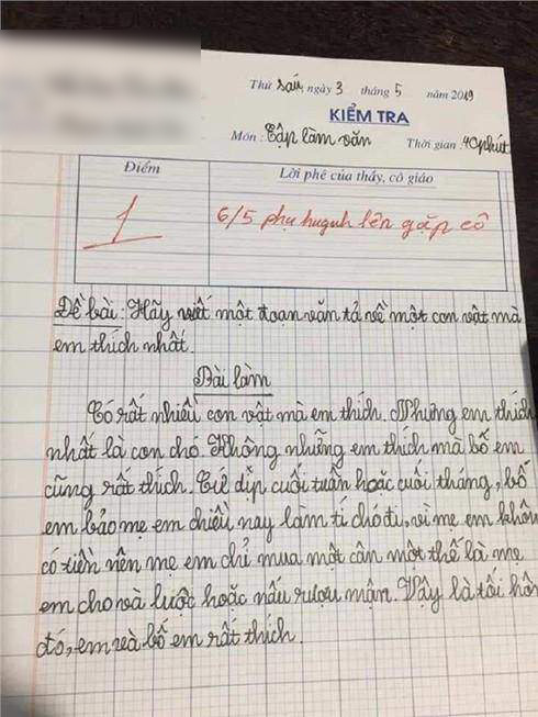 Học sinh lớp 3 viết văn tả con vật yêu thích, vừa đọc xong cô giáo cho ngay 1 điểm cùng lời phê: “Mời phụ huynh lên gặp cô” - Ảnh 1.