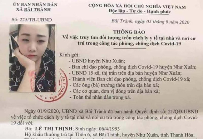 Nữ công dân sinh năm 1993 trốn cách ly y tế - Ảnh 1.