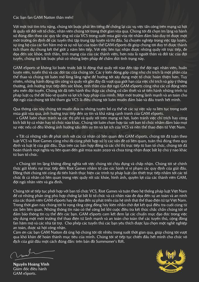 CEO GAM Esports đăng tâm thư sẽ kiện lên Riot Games, nhưng cộng đồng fan GAM lại thêm phần phẫn nộ - Ảnh 1. CEO GAM Esports đăng tâm thư sẽ kiện lên Riot Games, nhưng cộng đồng fan GAM lại thêm phần phẫn nộ - Ảnh 1.