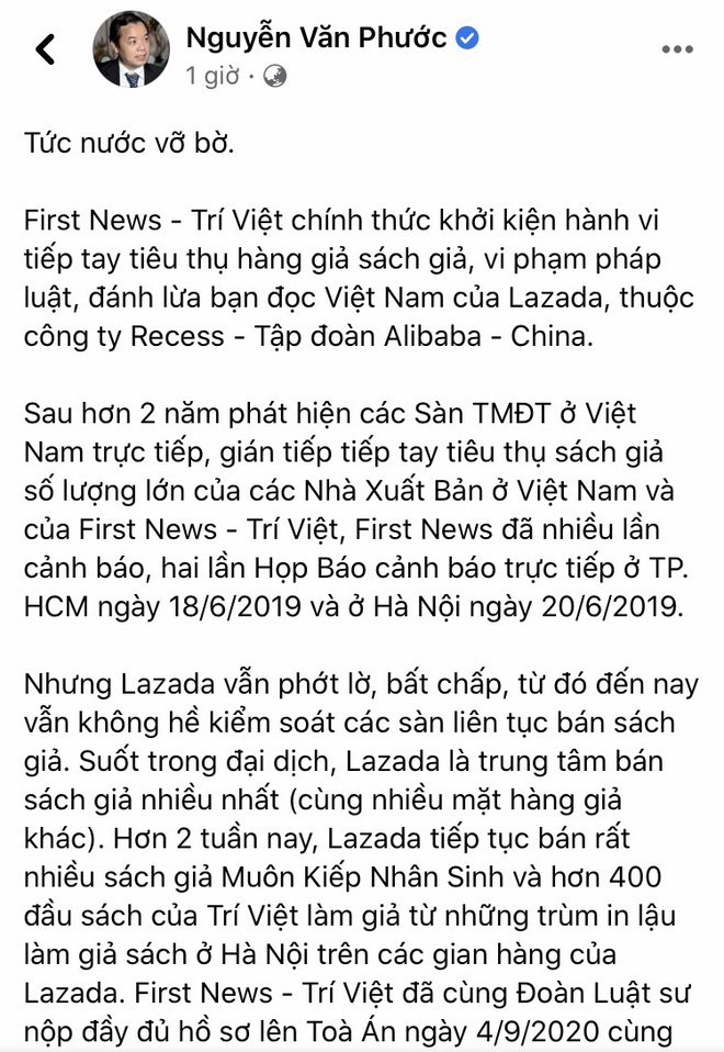 Nóng: Nhà sách Việt Nam First News chính thức khởi kiện sàn TMĐT Lazada - Ảnh 1.