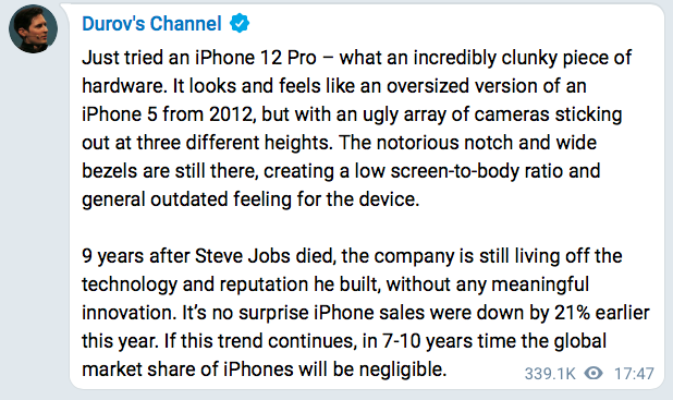 CEO Telegram chê iPhone 12 Pro lỗi thời, chẳng khác gì iPhone 5 thêm cụm camera xấu xí - Ảnh 2.