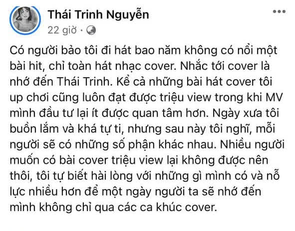 Bị chỉ trích bao năm đi hát không có hit chỉ toàn cover, Thái Trinh khẳng định: Nhiều người muốn có bản cover triệu view mà không được - Ảnh 1.