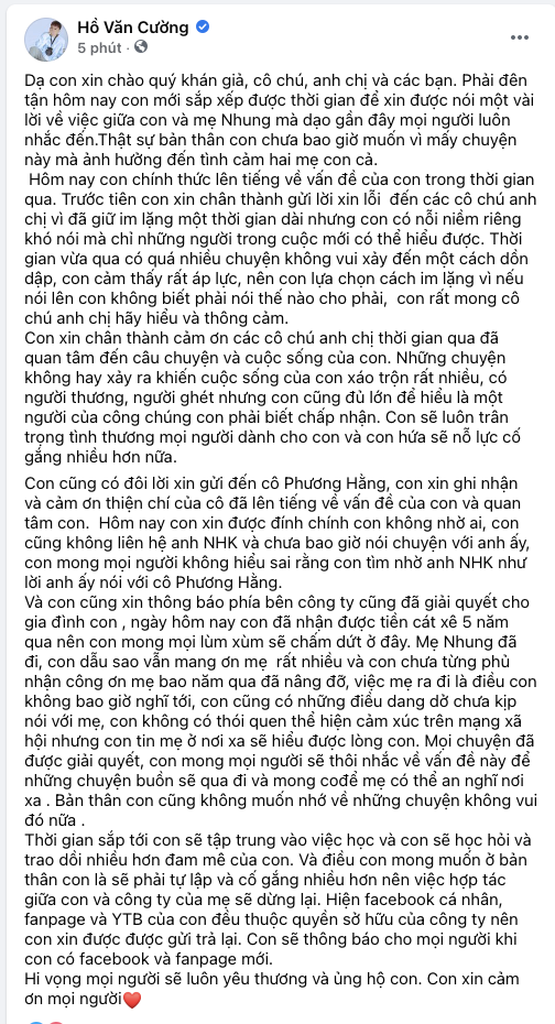 Hồ Văn Cường lên tiếng xin lỗi, làm rõ mối quan hệ với bà Phương Hằng và Cậu IT  Nhâm Hoàng Khang - Ảnh 2.