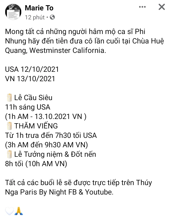 Làm thế nào để theo dõi trực tiếp lễ tang ca sĩ Phi Nhung từ Mỹ? - Ảnh 2. Làm thế nào để theo dõi trực tiếp lễ tang ca sĩ Phi Nhung từ Mỹ? - Ảnh 2.