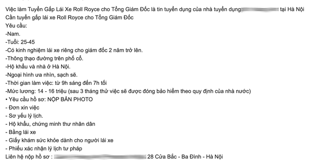 Đại gia veston tuyển t&agrave;i xế Rolls-Royce lương 14 triệu, hộ khẩu H&agrave; Nội, l&agrave;m 10 tiếng/ng&agrave;y, CĐM thốt l&ecirc;n: Qu&aacute; &aacute;p lực, c&oacute; sao b&aacute;n nh&agrave; kh&ocirc;ng đền nổi - Ảnh 2.