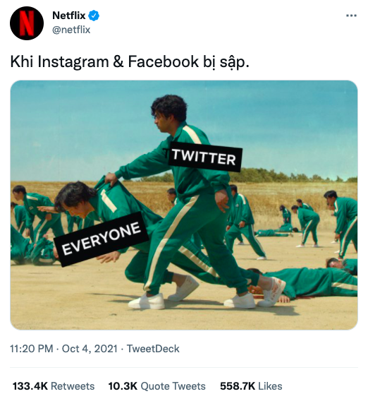 Squid Game bất ngờ trở thành hình ảnh ghê nhất ngày vì Facebook sập: Nhiều hãng lớn, netizen đổ xô vào cà khịa căng đét! - Ảnh 2.