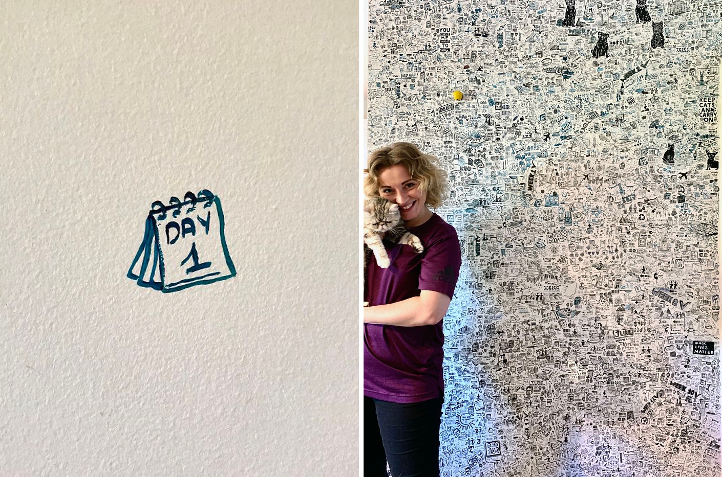 Ở nhà cách ly hơn 100 ngày, nữ họa sĩ khéo tay ngày nào cũng họa nhật kí khắp tường với thông điệp cực đáng yêu - Ảnh 1.