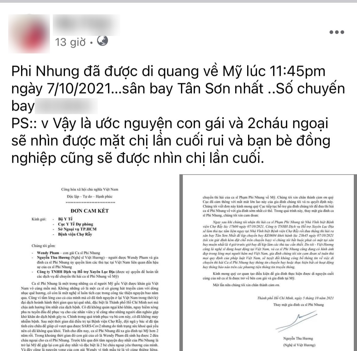 Xuất hiện thông tin thi hài Phi Nhung đã về Mỹ vào tối hôm qua, có cả số chuyến bay và đơn cam kết của NS Việt Hương? - Ảnh 2. Xuất hiện thông tin thi hài Phi Nhung đã về Mỹ vào tối hôm qua, có cả số chuyến bay và đơn cam kết của NS Việt Hương? - Ảnh 2.