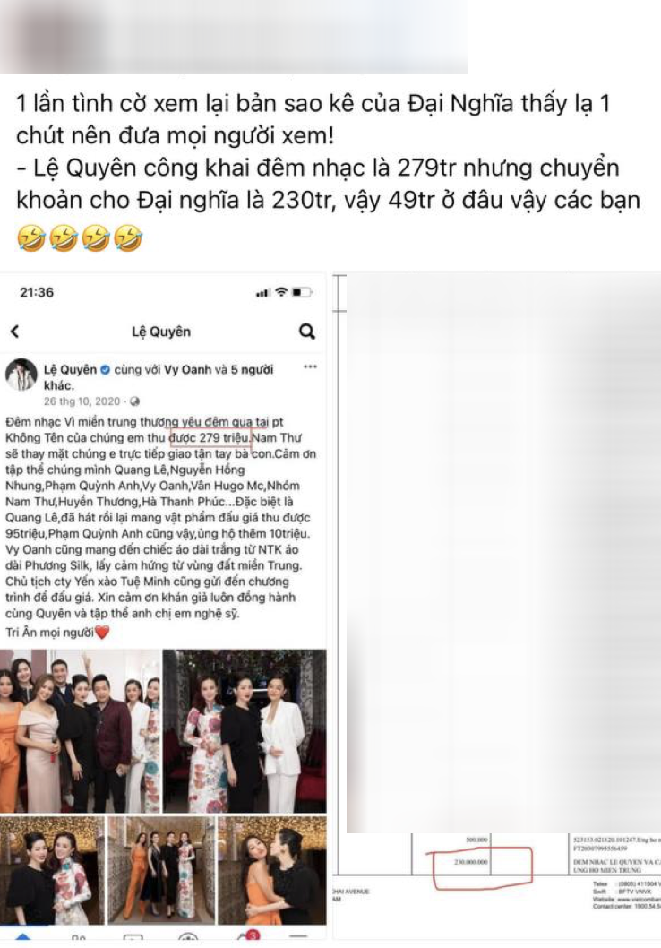 Netizen nghi Lệ Quyên ăn chặn tiền từ thiện, tuyên bố quyên góp 279 triệu nhưng số tiền gửi đi chênh lệch 49 triệu đồng - Ảnh 4. Netizen nghi Lệ Quyên ăn chặn tiền từ thiện, tuyên bố quyên góp 279 triệu nhưng số tiền gửi đi chênh lệch 49 triệu đồng - Ảnh 4.