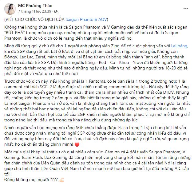 MC Phương Thảo viết tâm thư xúc động khi Saigon Phantom vô địch ĐTDV: Các tuyển thủ trẻ khiến nhiều người khâm phục! - Ảnh 1.