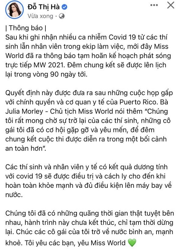 Miss World thông báo tạm hoãn Chung kết trước giờ G, Đỗ Hà có chia sẻ đáng lo - Ảnh 2.