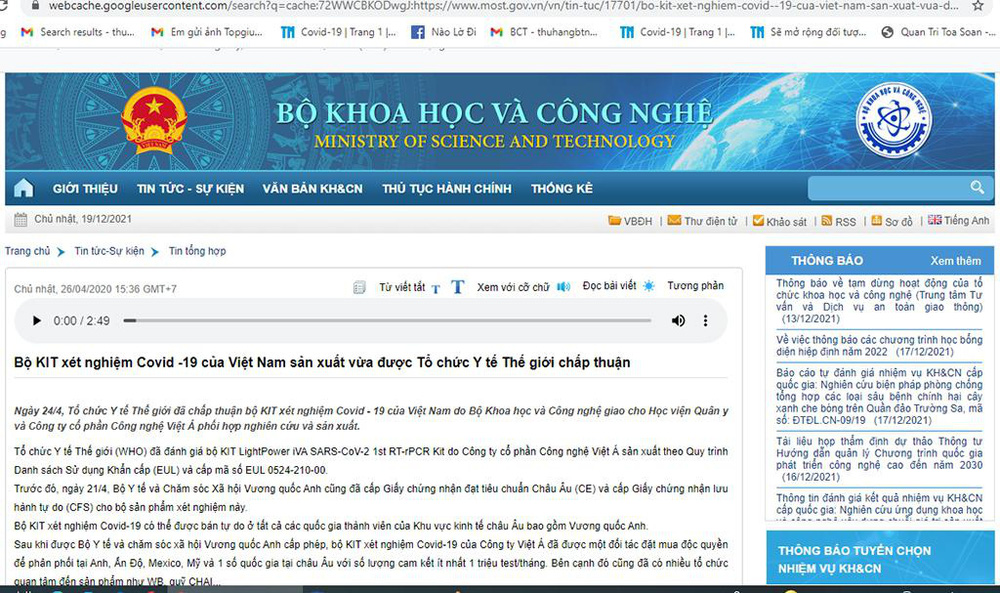 Website Bộ Khoa học&Công nghệ gỡ tin kit test Covid-19 của Công ty Việt Á được WHO chấp thuận - Ảnh 1.