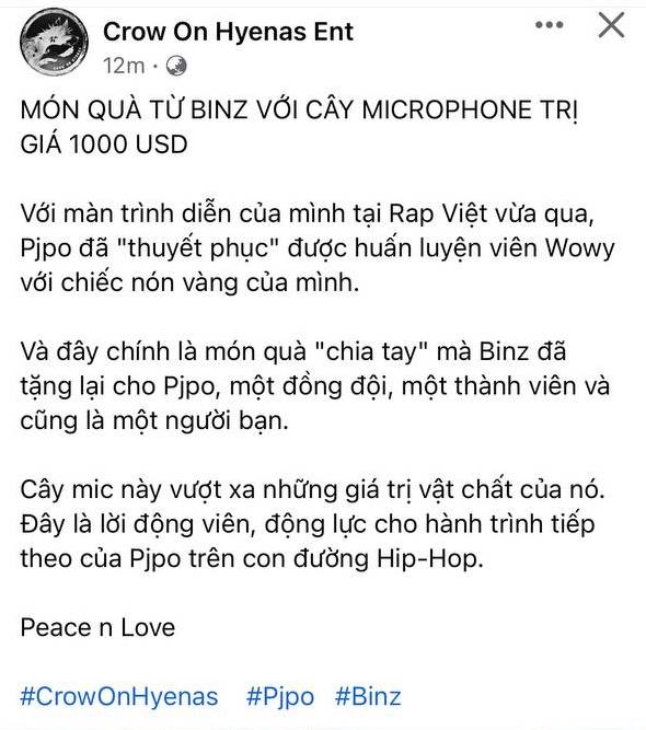 Binz chơi lớn tặng học trò quà 1.000 USD sau khi chia tay ở Rap Việt - Ảnh 2. Binz chơi lớn tặng học trò quà 1.000 USD sau khi chia tay ở Rap Việt - Ảnh 2.