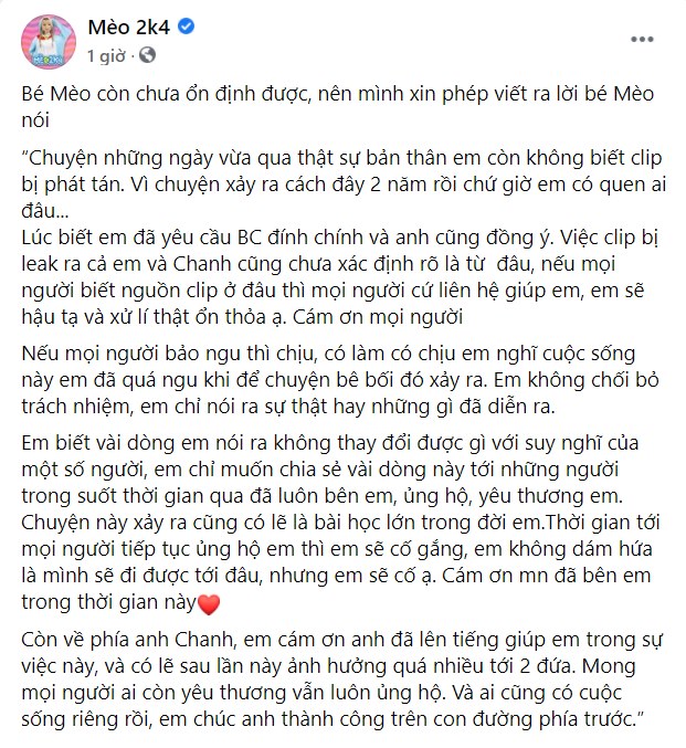 Mèo 2k4 lần đầu lên tiếng sau vụ clip nhạy cảm bị phát tán: Em không chối bỏ trách nhiệm, em chỉ nói ra sự thật - Ảnh 2.