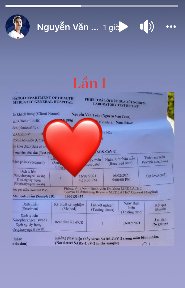 Văn Toàn âm tính lần 1 với Covid-19, rạng rỡ trong ngày đầu cách ly - Ảnh 1. Văn Toàn âm tính lần 1 với Covid-19, rạng rỡ trong ngày đầu cách ly - Ảnh 1.