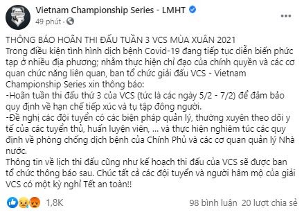 VCS mùa Xuân 2021 bị hoãn vì diễn biến phức tạp của dịch bệnh - Ảnh 1.