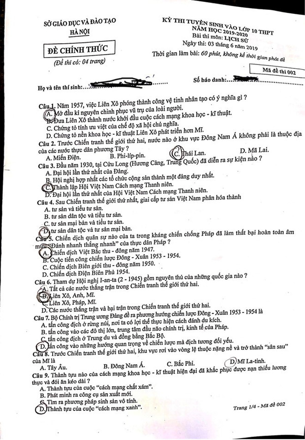 Đề thi tuyển sinh lớp 10 môn Lịch sử năm 2019 của Hà Nội - Ảnh 1.