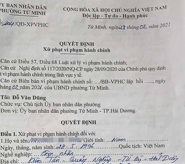 Hẹn hò trong thời gian cách ly xã hội, nam thanh niên ở Hải Dương bị phạt 1 triệu đồng - Ảnh 1.