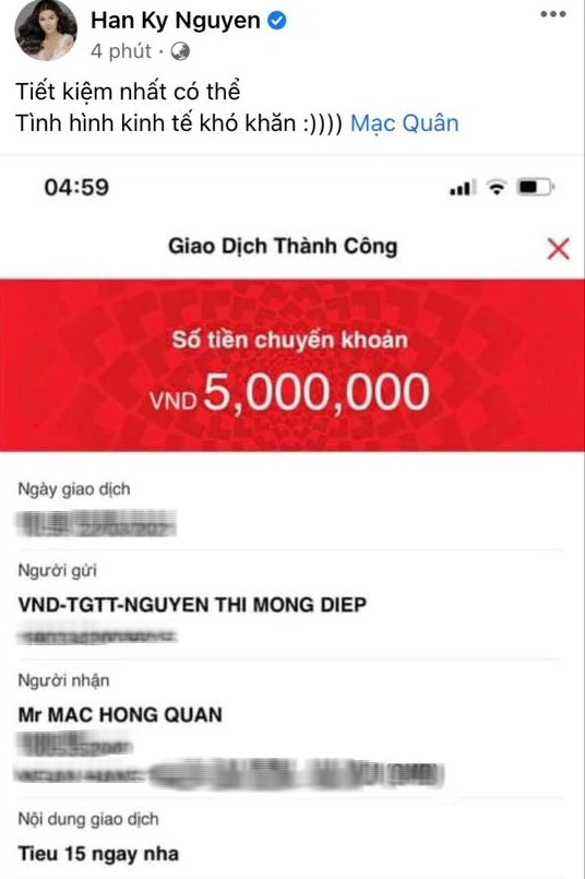 Bà xã Mạc Hồng Quân gửi tiền cho chồng cùng dòng chú thích gây chú ý - Ảnh 1.