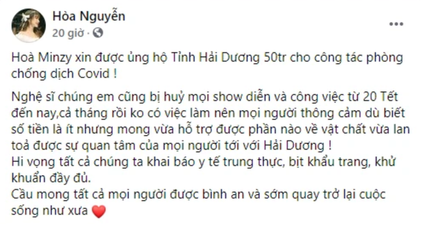 Dịch Covid-19 tái bùng phát ở Bắc Ninh, Hoà Minzy bỏ tiền túi ủng hộ 100 triệu đồng cho quê nhà - Ảnh 3.