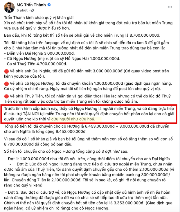 Netizen nổ ra “khẩu chiến” vì quan điểm “cứu người như cứu hoả” của Trấn Thành giữa lùm xùm NS Hoài Linh chậm giải ngân 13,7 tỷ - Ảnh 2.