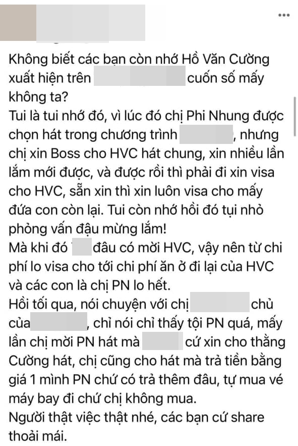 Thêm nhân vật tiết lộ: Phi Nhung nhiều lần xin để Hồ Văn Cường diễn ở Mỹ dù chỉ mời 1 mình nữ ca sĩ, toàn bộ chi phí visa đi lại đều lo hết - Ảnh 1.