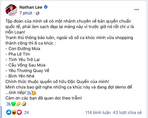 Chính thức: Nathan Lee sở hữu độc quyền 6 ca khúc của Cao Thái Sơn, tuyên bố chưa từng nghe và đợi demo - Ảnh 2.