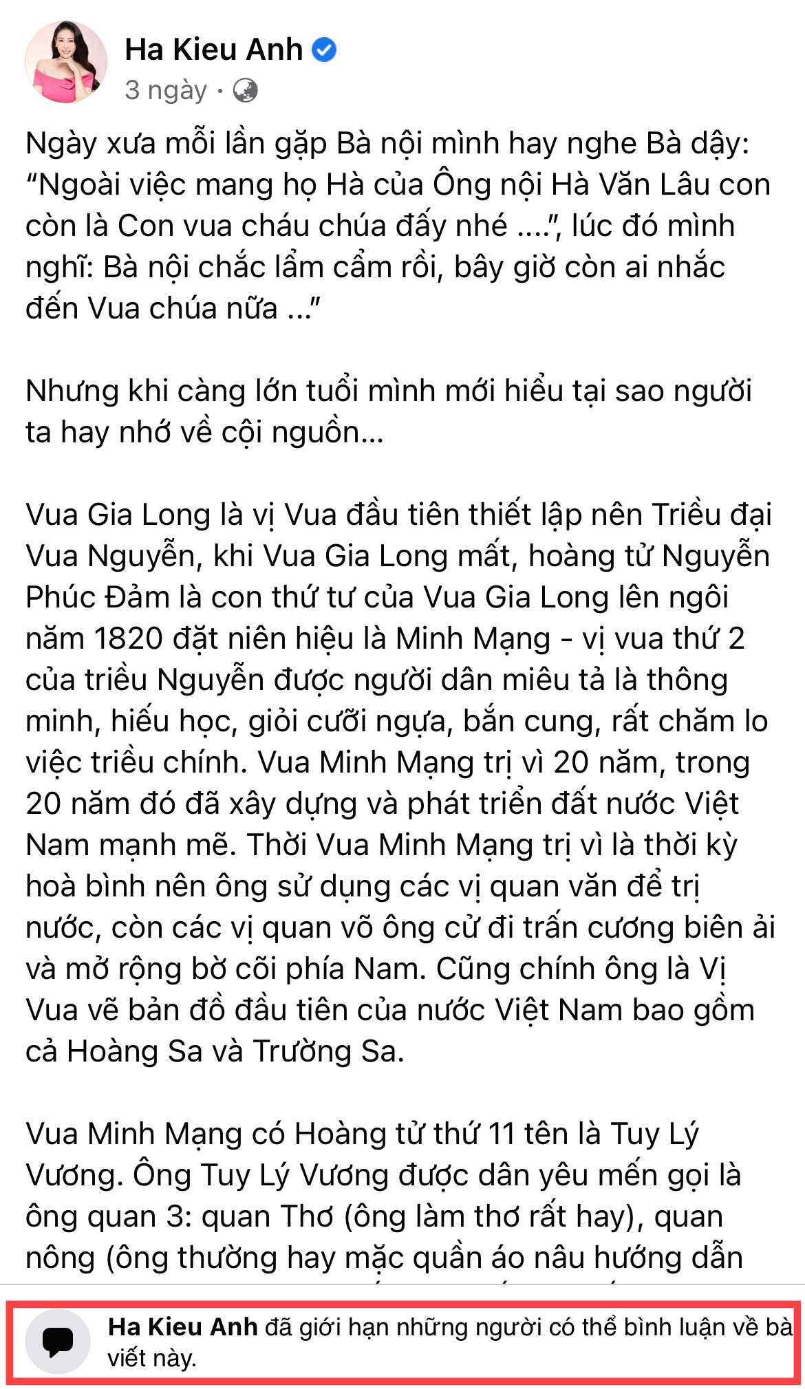 Động th&aacute;i thẳng tay của H&agrave; Kiều Anh khi bị netizen b&atilde;o c&ocirc;ng k&iacute;ch Facebook v&igrave; vụ ồn &agrave;o c&ocirc;ng ch&uacute;a đời thứ 7 triều Nguyễn - Ảnh 2.
