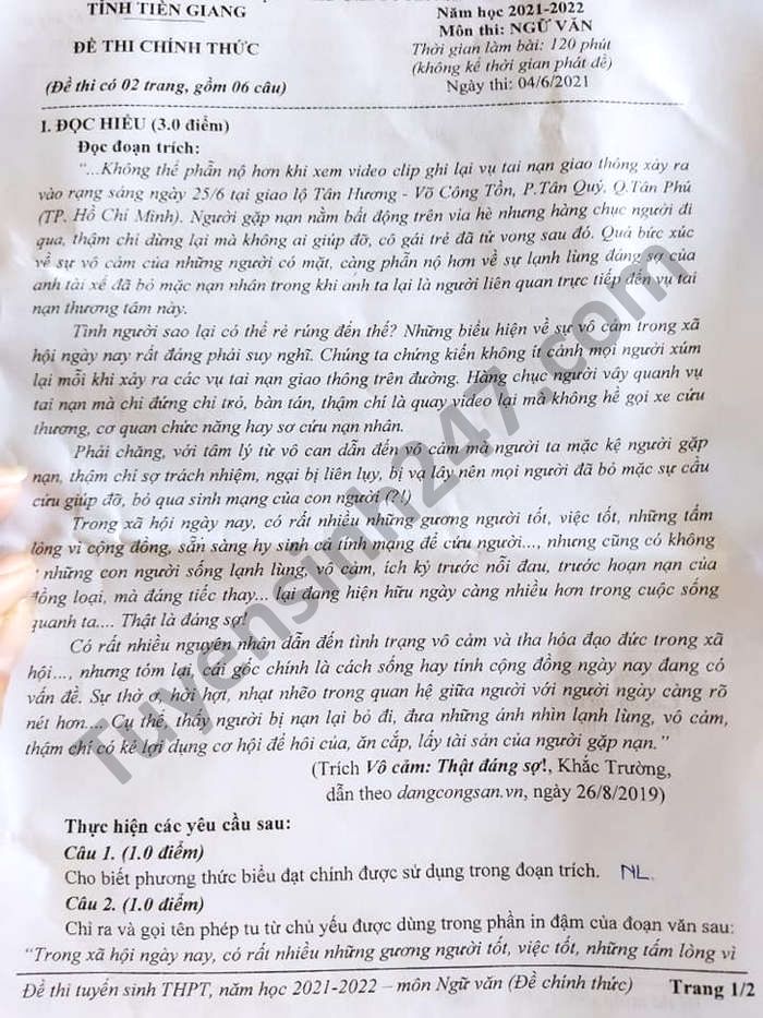 Đáp án đề thi môn Ngữ Văn vào lớp 10 của các tỉnh thành năm 2021 - Ảnh 11. Đáp án đề thi môn Ngữ Văn vào lớp 10 của các tỉnh thành năm 2021 - Ảnh 11.